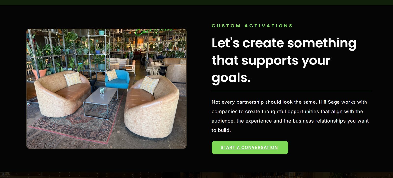Hiii Sage custom activations section with event lounge photography